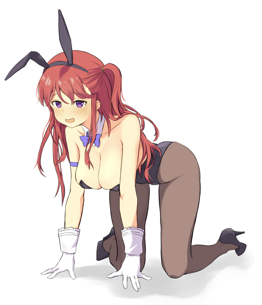 ashiya_(senran_kagura) breasts cleavage detached_collar gloves high_heels highres kneeling large_breasts leotard long_hair playboy_bunny purple_eyes rabbit_ears rabbit_tail red_hair senran_kagura side_ponytail