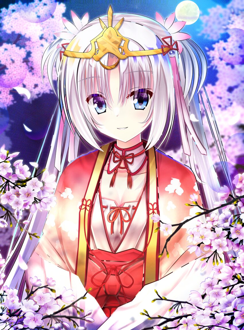 1girl absurdres blue_eyes blurry blurry_background cherry_blossoms commentary_request detached_collar eyes_visible_through_hair flower full_moon hair_between_eyes hair_flower hair_ornament highres japanese_clothes kimono light_blush long_hair long_sleeves moon night nontraditional_miko outdoors parted_lips pink_flower red_kimono senren_banka sidelocks smile solo tassel tiara tomotake_yoshino twintails two-tone_kimono upper_body very_long_hair white_hair white_kimono wide_sleeves xiexianglg