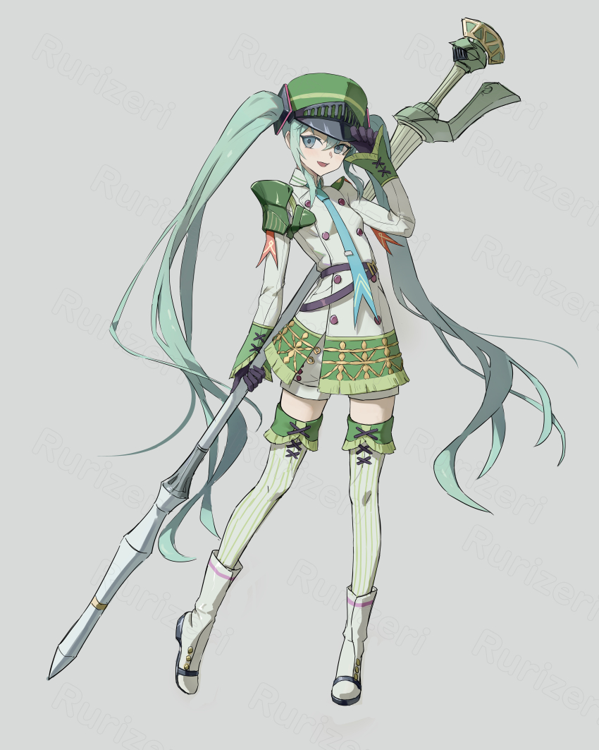 1girl :d absurdres alternate_costume ankle_boots arm_up armor belt boots breasts buttons collared_jacket colored_eyelashes commentary_request double-breasted eyelashes full_body gloves green_eyes green_hair green_hat green_necktie grey_background grey_thighhighs hand_on_headwear hat hatsune_miku heel_up highres holding holding_polearm holding_weapon jacket lance long_hair looking_at_viewer looking_to_the_side necktie open_mouth pauldrons polearm purple_belt purple_gloves rurizeri shorts shoulder_armor sideways_glance small_breasts smile solo standing striped_clothes striped_thighhighs thighhighs tie_clip twintails vertical-striped_clothes vertical-striped_thighhighs very_long_hair vocaloid watermark weapon white_footwear white_jacket white_shorts