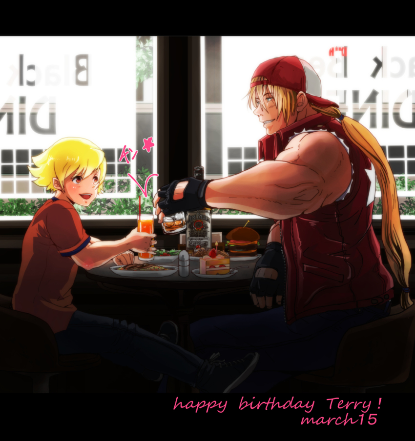 2boys alcohol backwards_hat baseball_cap beer blonde_hair blue_eyes burger cake child fatal_fury father_and_son fingerless_gloves food gloves hat highres jacket long_hair male_focus multiple_boys ponytail rock_howard tentenkingyo terry_bogard