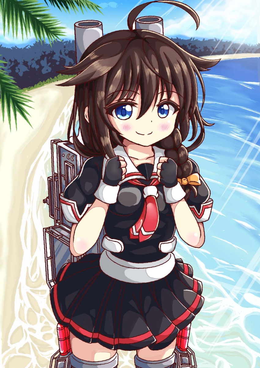 10s 1girl ahoge beach black_serafuku blue_eyes braid brown_hair cannon collarbone commentary female_focus fingerless_gloves gloves hair_flaps hair_over_shoulder highres kantai_collection looking_at_viewer machinery necktie ocean pleated_skirt sand school_uniform serafuku shigure_(kancolle) shigure_kai_ni_(kancolle) single_braid skirt smile solo torpedo trista_(makkoivenus)