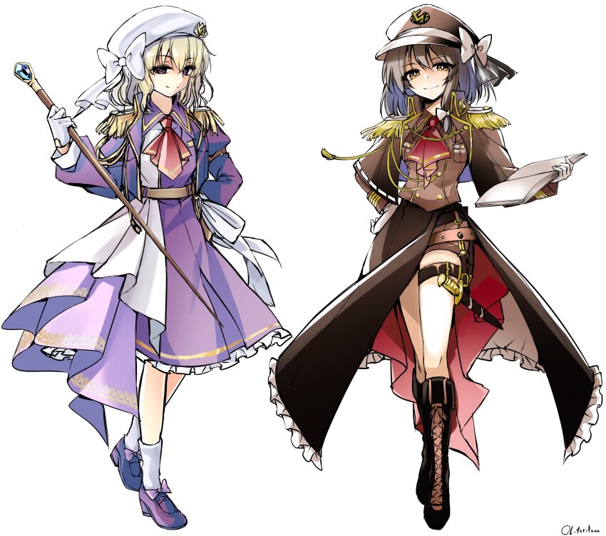 2girls absurdres alternate_costume alternate_headwear ascot belt black_capelet blonde_hair book boots bow breast_pocket brown_eyes brown_hair capelet closed_mouth commentary_request epaulettes footwear_bow fringe_trim gold_trim hand_on_own_hip hat hat_bow highres holding holding_book holding_scepter jacket kinese_(katasutorohu) knife long_hair long_sleeves maribel_hearn military_uniform multiple_girls open_book open_clothes open_jacket pocket purple_bow purple_eyes purple_footwear purple_jacket red_ascot ribbon-trimmed_capelet scepter shorts smile socks touhou usami_renko white_bow white_socks