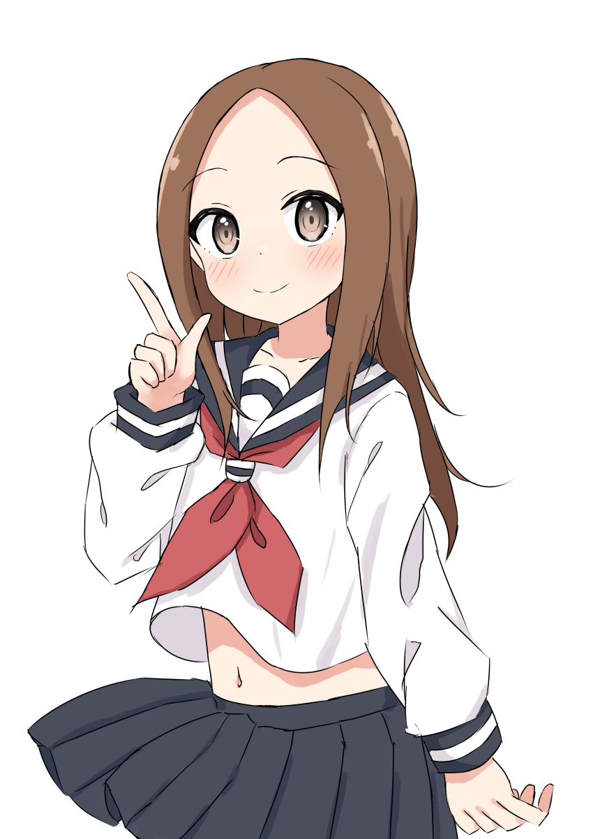 1girl absurdres blush brown_eyes brown_hair commentary_request forehead highres index_finger_raised karakai_jouzu_no_takagi-san long_hair long_sleeves looking_at_viewer midriff navel neckerchief pleated_skirt school_uniform serafuku shisui_(shisui0178) simple_background skirt solo takagi-san