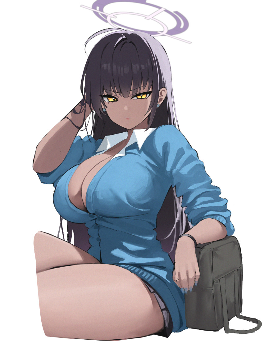 1girl absurdres adjusting_hair ahoge bag black_hair blue_archive blue_cardigan blue_nails blue_sweater bracelet breasts cardigan cleavage closed_mouth collared_shirt commentary_request dark-skinned_female dark_skin earrings halo highres jewelry karin_(blue_archive) karin_(school_uniform)_(blue_archive) kono_(xerondan321) large_breasts long_hair miniskirt official_alternate_costume pleated_skirt purple_halo school_bag school_uniform shirt sitting skirt solo sweater thighs white_background white_shirt yellow_eyes