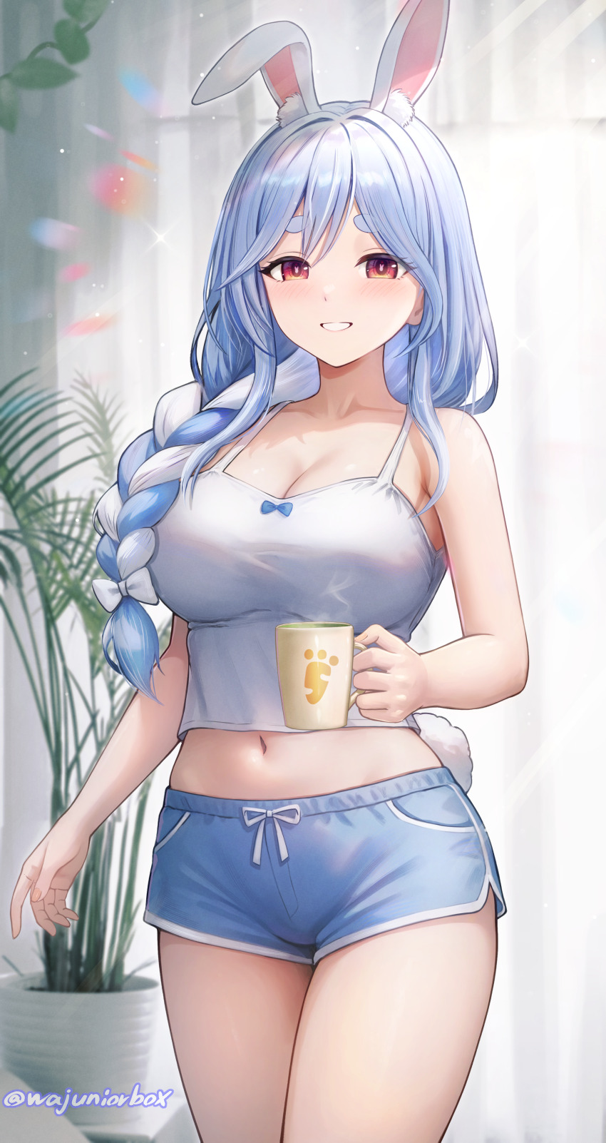 1girl absurdres alternate_costume animal_ear_fluff animal_ears blue_hair blue_shorts bow braid braided_ponytail breasts camisole cleavage commentary_request cowboy_shot cup grin hair_between_eyes hair_bow hair_over_shoulder highres holding holding_cup hololive indoors large_breasts long_hair looking_at_viewer loungewear mature_female midriff multicolored_hair navel pekomama plant potted_plant rabbit-shaped_pupils rabbit_ears rabbit_girl red_eyes short_eyebrows short_shorts shorts smile solo standing streaked_hair symbol-shaped_pupils thick_eyebrows virtual_youtuber wajuniorbox white_bow white_camisole white_hair