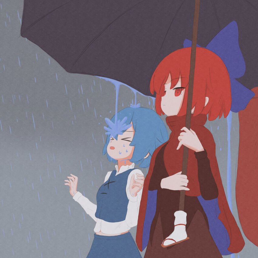 &gt;o&lt; 2girls absurdres black_dress blue_hair blue_skirt blue_vest bow cloak closed_eyes commentary cowboy_shot dark_background dress expressionless goku_and_vegeta_in_the_rain_(meme) hair_bow highres holding holding_umbrella karakasa_obake kokowoch long_sleeves meme midriff_peek multiple_girls purple_bow rain red_eyes red_hair sekibanki shirt short_hair skirt tatara_kogasa touhou umbrella vest wet white_shirt