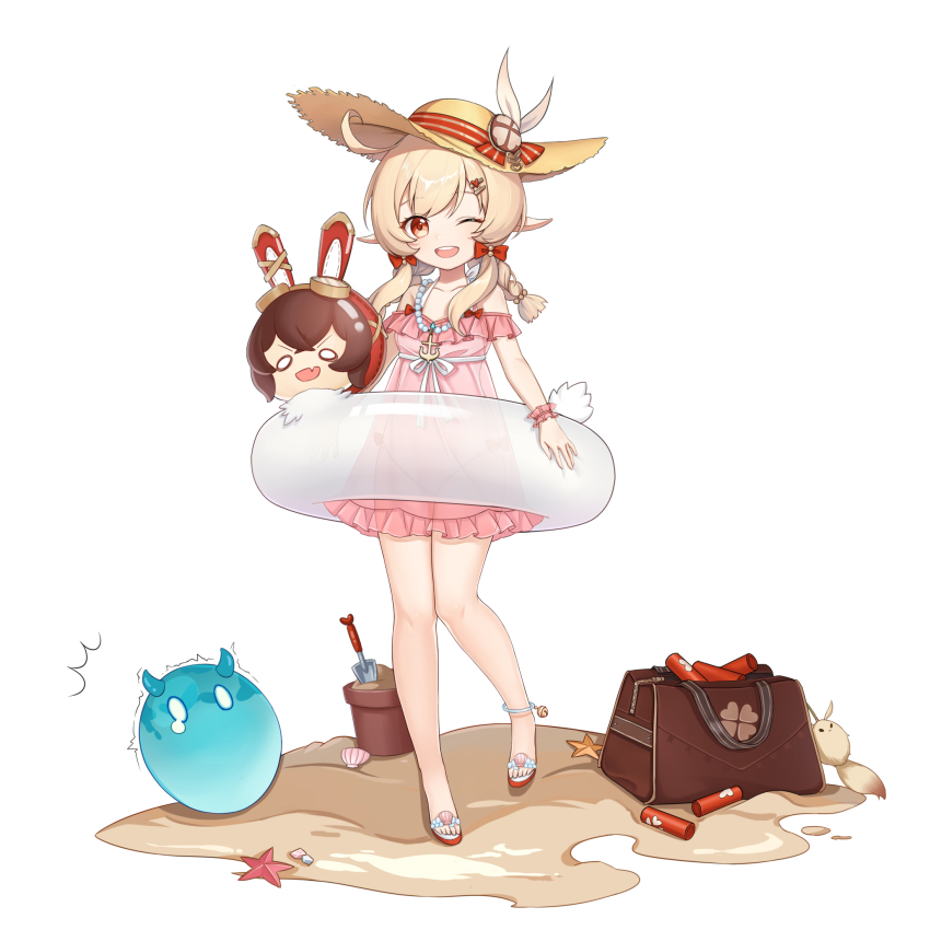 1girl :d ;d ahoge alternate_hairstyle anklet bag baron_bunny_(genshin_impact) beach bomb braid brown_eyes collarbone commentary_request dodoco_(genshin_impact) dress explosive frilled_dress frills full_body genshin_impact hair_between_eyes hat highres innertube jewelry klee_(genshin_impact) light_brown_hair long_hair looking_at_viewer necklace one_eye_closed open_mouth pink_dress que_meng_meng sand_bucket shell shoulder_bag sidelocks simple_background slime_(genshin_impact) smile solo starfish straw_hat swim_ring twin_braids white_background