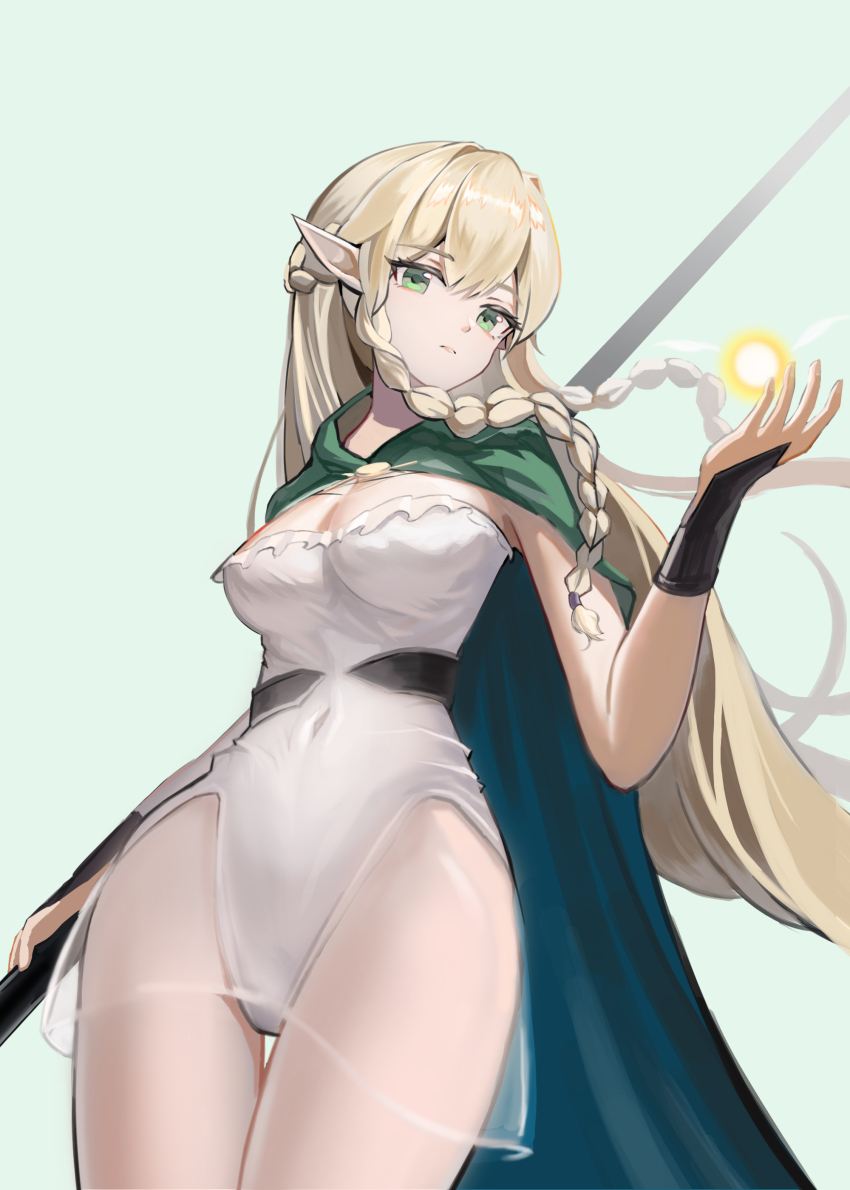 1girl absurdres blonde_hair braid breasts cleavage cloak dress elf eltolinde_(unicorn_overlord) eyelashes flying_burrito_cat from_below green_cloak green_eyes highres holding holding_staff leotard long_hair looking_at_viewer magic medium_breasts narrow_waist pointy_ears see-through_clothes solo staff thighs twin_braids unicorn_overlord very_long_hair white_background