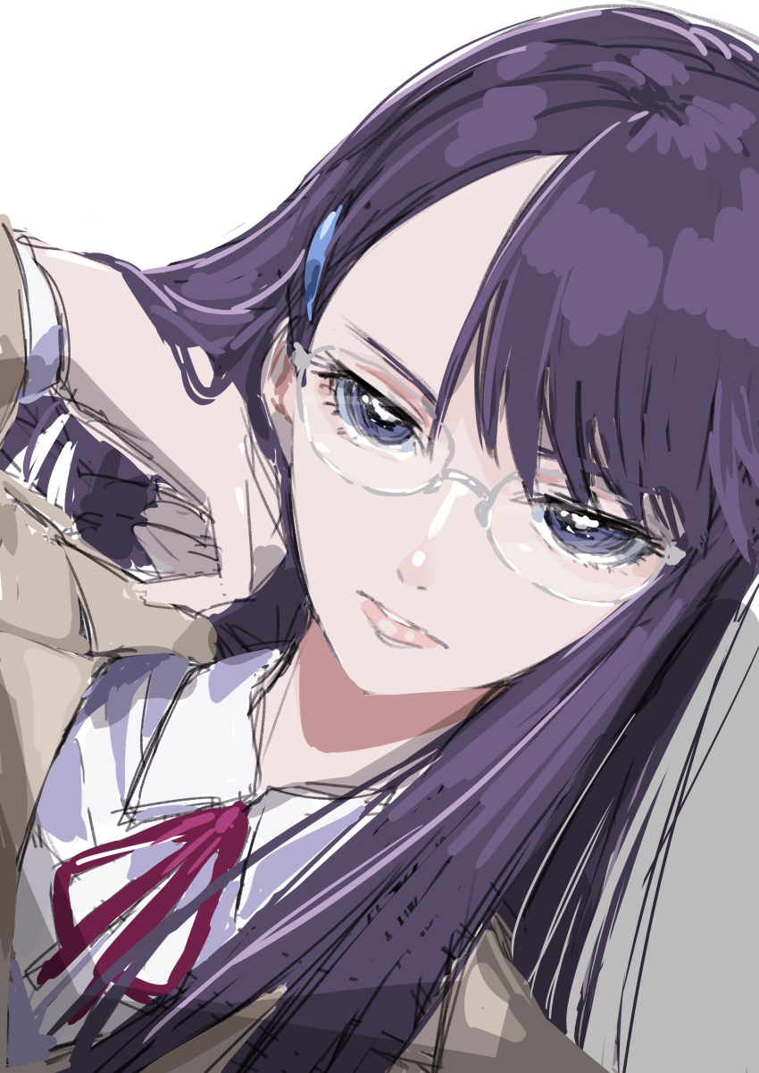 1girl absurdres brown_jacket collared_shirt glasses grey_background hair_ornament hairclip hand_in_own_hair heartcatch_precure! highres jacket long_hair looking_at_viewer neck_ribbon parted_lips portrait precure purple_eyes purple_hair red_ribbon ribbon shirt sketch solo tsukikage_oyama tsukikage_yuri white_shirt