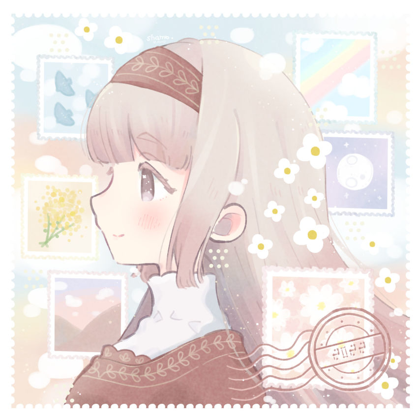 1girl 2022 bird blunt_bangs blush brown_eyes brown_hair dress flower from_side full_moon hairband high_collar highres long_hair moon original postage_stamp postmark profile rainbow shamo3 smile solo