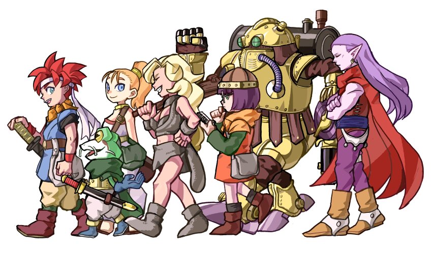 3girls absurdres artist_request ayla_(chrono_trigger) chrono_trigger closed_mouth crono_(chrono_trigger) frog_(chrono_trigger) full_body glasses headband helmet highres jewelry long_hair lucca_ashtear magus_(chrono_trigger) marle_(chrono_trigger) multiple_boys multiple_girls navel open_mouth ponytail robo_(chrono_trigger) robot short_hair simple_background smile spiked_hair weapon white_background