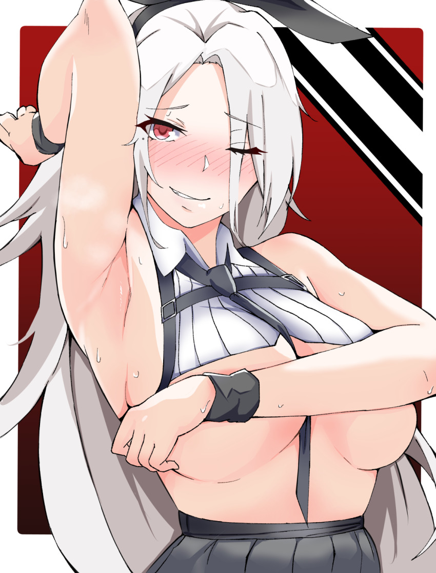 1girl arm_across_chest armpits azur_lane bare_arms bare_shoulders blush border breasts forehead hair_ribbon high-waist_skirt highres large_breasts long_hair looking_at_viewer neinlol one_eye_closed parted_bangs parted_lips presenting_armpit prinz_heinrich_(azur_lane) red_eyes ribbon skirt solo sweat underboob upper_body white_border white_hair