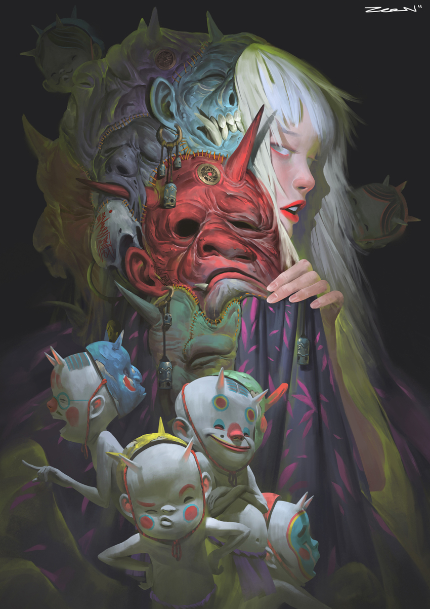 1girl animal_print blue_oni blue_skin club club_(weapon) colored_skin demon earrings eyeshadow gourd grey_hair hair_ornament headpiece highres horns japanese_clothes jewelry kanabou kimono lips long_hair makeup mask ogre oni oni_horns oni_mask open_mouth orc original pale_color pale_skin pointy_ears red_oni red_skin revealing_clothes short_eyebrows single_horn turn_pale weapon white_hair zeenchin