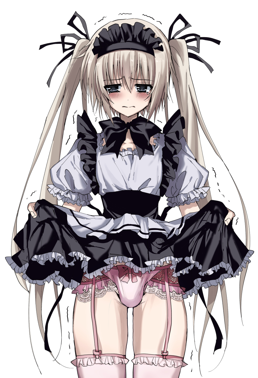 1boy absurdres apron black_bow black_bowtie black_dress black_ribbon blue_eyes blush bow bowtie closed_mouth clothes_lift cowboy_shot crossdressing dress dress_lift embarrassed facing_viewer frilled_sleeves frills garter_belt hair_between_eyes hair_extensions hair_ribbon highres kasukasugom1 lace_trim lifting_own_clothes lingerie long_hair looking_to_the_side maid maid_apron maid_headdress male_focus natsume_kei_(sakura_no_uta) panties pink_panties pink_thighhighs puffy_short_sleeves puffy_sleeves ribbon sakura_no_uta short_sleeves simple_background solo split_mouth standing straight_hair tears thighhighs trembling underwear very_long_hair white_apron white_background white_hair