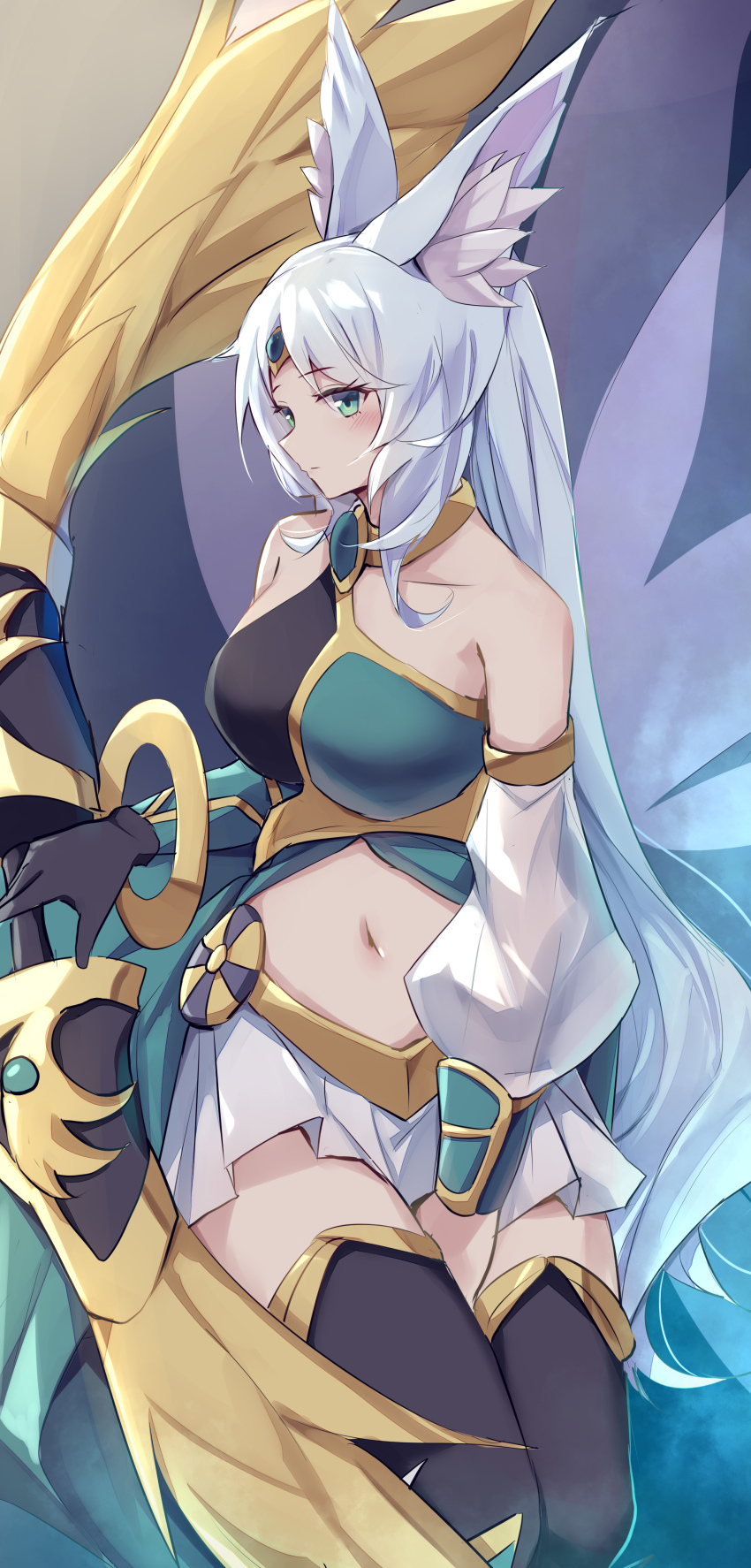 1girl absurdres animal_ear_fluff animal_ears apollousa_bow_of_the_goddess bare_shoulders blush bow_(weapon) breasts cowboy_shot duel_monster green_eyes grey_hair highres kanzakietc large_breasts long_hair navel pleated_skirt skirt solo weapon white_skirt yu-gi-oh!