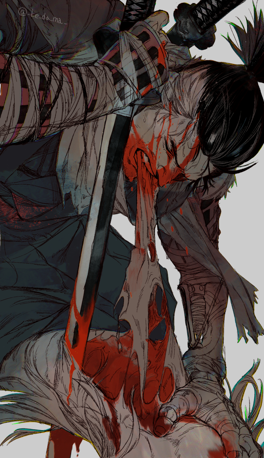 1boy 1other absurdres black_hair blood blood_on_face closed_eyes flesh green_background guro highres japanese_clothes katana male_focus ninja piyomotsu ponytail prosthesis prosthetic_arm sekiro sekiro:_shadows_die_twice short_hair solo sword teeth topknot weapon