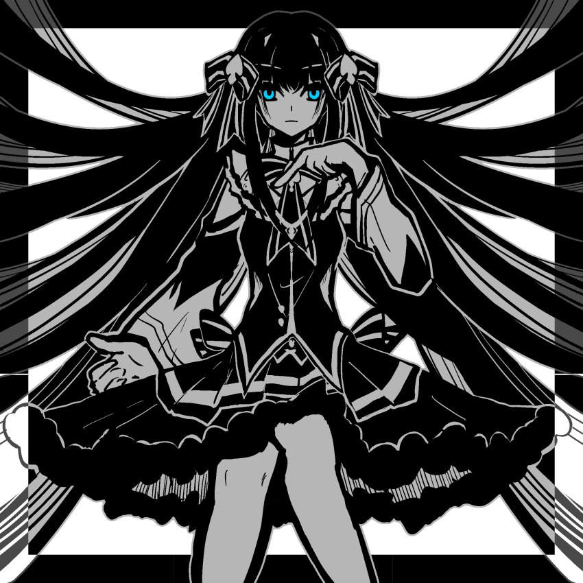 1girl arcaea black_border black_dress border cropped_legs dress eternalcompass greyscale highres long_hair long_sleeves monochrome solo straight-on tairitsu_(arcaea) white_background