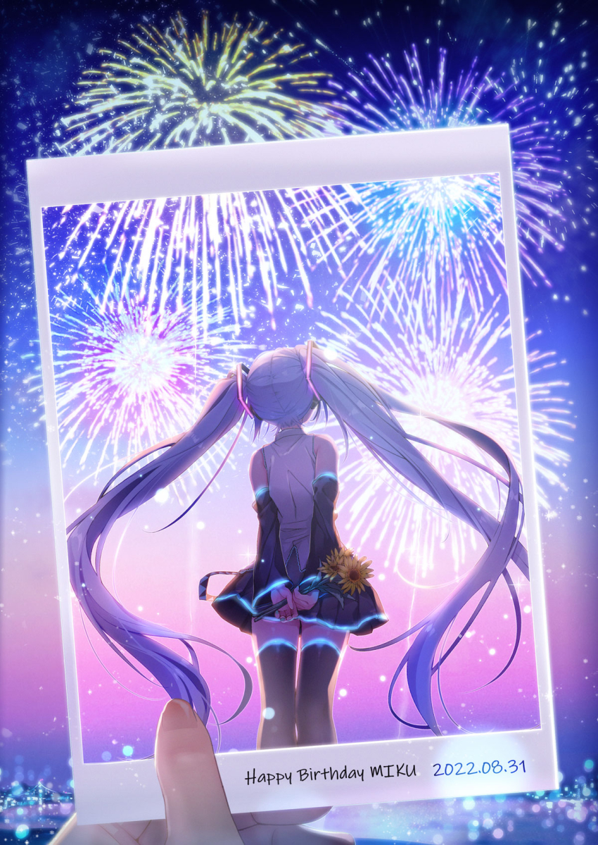 aerial_fireworks aqua_hair arms_behind_back bare_shoulders black_skirt black_sleeves black_thighhighs clear_sky commentary dated dated_commentary detached_sleeves drawing_(object) english_commentary fireworks flower happy_birthday hatsune_miku highres holding holding_drawing holding_flower legs_together long_hair looking_at_object maronie. night outdoors own_hands_together pleated_skirt shirt sidelocks skirt sky sleeveless sleeveless_shirt solo strap sunflower thighhighs twintails very_long_hair vocaloid white_shirt zettai_ryouiki