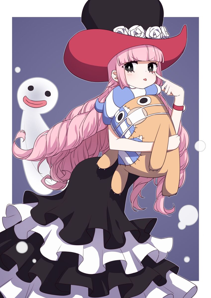 1girl absurdres black_dress black_eyes black_hat blunt_bangs border breasts dress drill_hair hat highres holding holding_stuffed_toy kumacy lizi long_dress long_hair one_piece perona pink_hair solo stuffed_toy tongue tongue_out