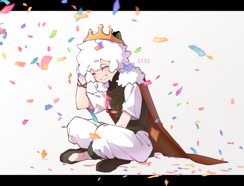 1boy animal_ears arm_up birthday cape cat_ears closed_eyes confetti crossed_legs crown dated facing_viewer green_vest grin luo_xiaohei luo_xiaohei_zhanji male_focus nploser pants red_cape shirt short_sleeves sitting smile solo vest white_hair white_pants white_shirt