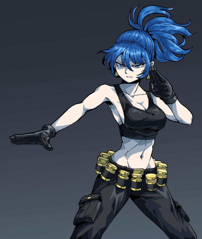 1girl armpits bare_shoulders bbtan belt black_gloves black_pants blue_eyes blue_hair breasts cargo_pants cleavage earrings eyelashes female_focus fighting_stance floating_hair gas_can gloves highres jewelry leona_heidern matching_hair/eyes military military_uniform muscular muscular_female pale_skin pants pocket ponytail serious solo the_king_of_fighters the_king_of_fighters_xiii