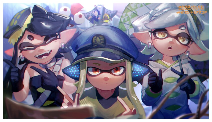 1boy 5girls :o absurdres agent_3_(splatoon) big_man_(splatoon) black_dress black_gloves black_hair black_shirt blue_hat border bow-shaped_hair callie_(splatoon) chromatic_aberration closed_eyes closed_mouth coat commentary_request cross-shaped_pupils dark-skinned_female dark_skin dress earrings fangs frye_(splatoon) gloves green_hair grey_choker grey_hair hat headphones highres holding holding_umbrella inkling_(language) inkling_girl inkling_player_character jewelry light_particles long_hair long_sleeves looking_at_viewer manta_ray marie_(splatoon) mole mole_under_eye multiple_girls nintendo no_(13_10_1230) octoling open_mouth orange_eyes peaked_cap pointing pointing_to_the_side pointy_ears shirt shiver_(splatoon) short_hair smallfry_(splatoon) splatoon_(series) splatoon_3 strapless strapless_dress swept_bangs symbol-shaped_pupils tentacle_hair thick_eyebrows twintails umbrella white_border white_coat yellow_eyes