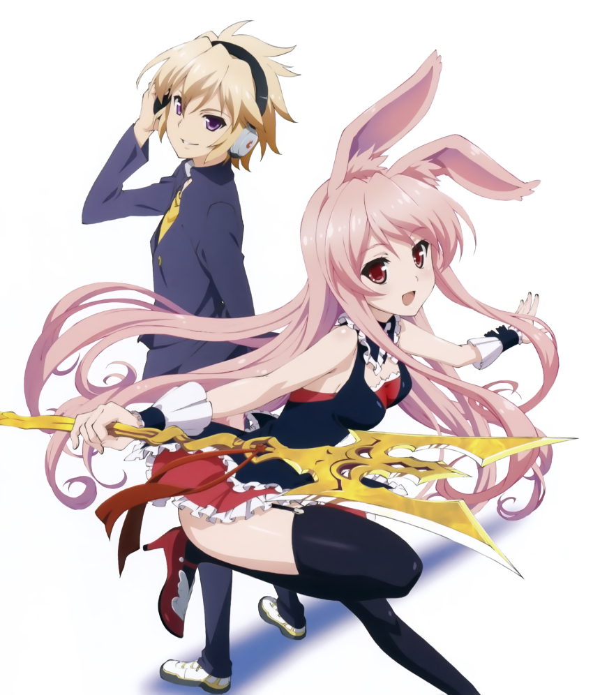 1boy 1girl absurdres animal_ears black_thighhighs blonde_hair breasts choker cleavage happy headphones highres kurousagi_(mondaiji) mondaiji-tachi_ga_isekai_kara_kuru_sou_desu_yo? pink_hair purple_eyes rabbit_ears sakamaki_izayoi short_hair skirt smile thighhighs