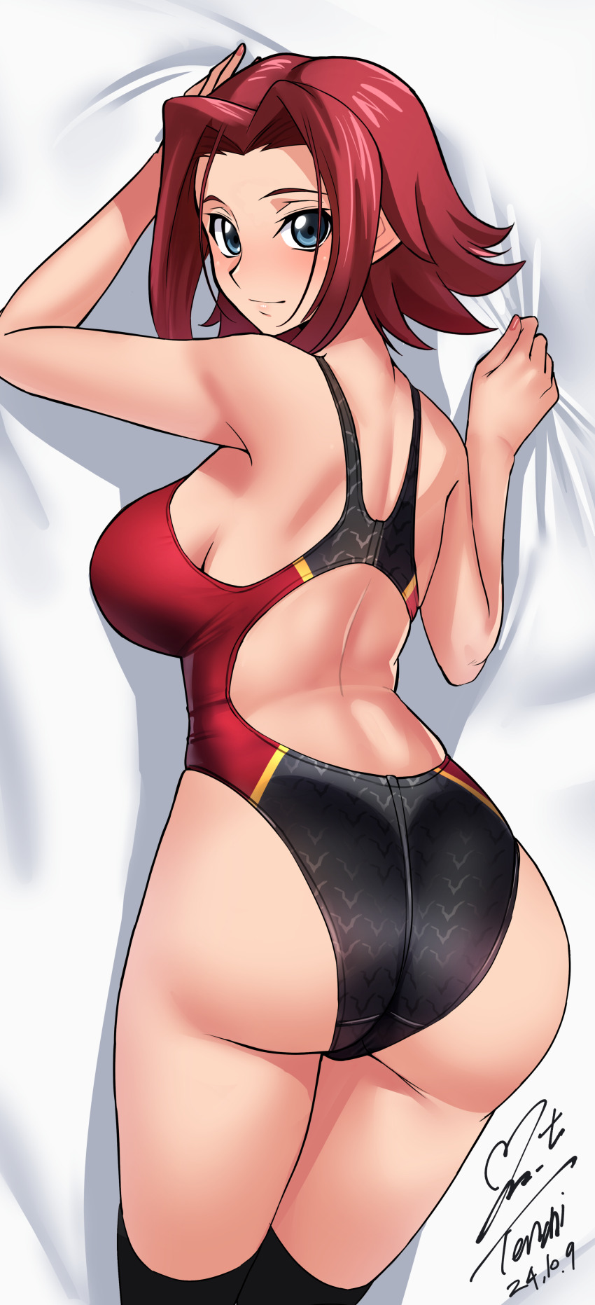 1girl absurdres ass bed_sheet black_one-piece_swimsuit black_thighhighs blue_eyes blush breasts closed_mouth code_geass commentary_request competition_swimsuit dakimakura_(medium) dated from_above hair_intakes highleg highleg_one-piece_swimsuit highres kouzuki_kallen large_breasts legs_together looking_at_viewer lying medium_hair on_stomach one-piece_swimsuit red_hair red_one-piece_swimsuit sheet_grab sidelocks signature smile solo swimsuit thighhighs two-tone_swimsuit yoo_tenchi