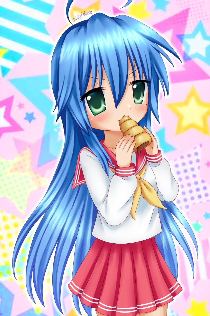 1girl absurdres ahoge artist_name blue_hair chocolate_cornet cowboy_shot eating food food_in_mouth green_eyes highres holding holding_food izumi_konata kigidere long_hair long_sleeves looking_at_viewer lucky_star miniskirt neckerchief pleated_skirt red_sailor_collar red_skirt ryouou_school_uniform sailor_collar sailor_shirt school_uniform serafuku shirt skirt solo standing star_(symbol) very_long_hair white_shirt yellow_neckerchief