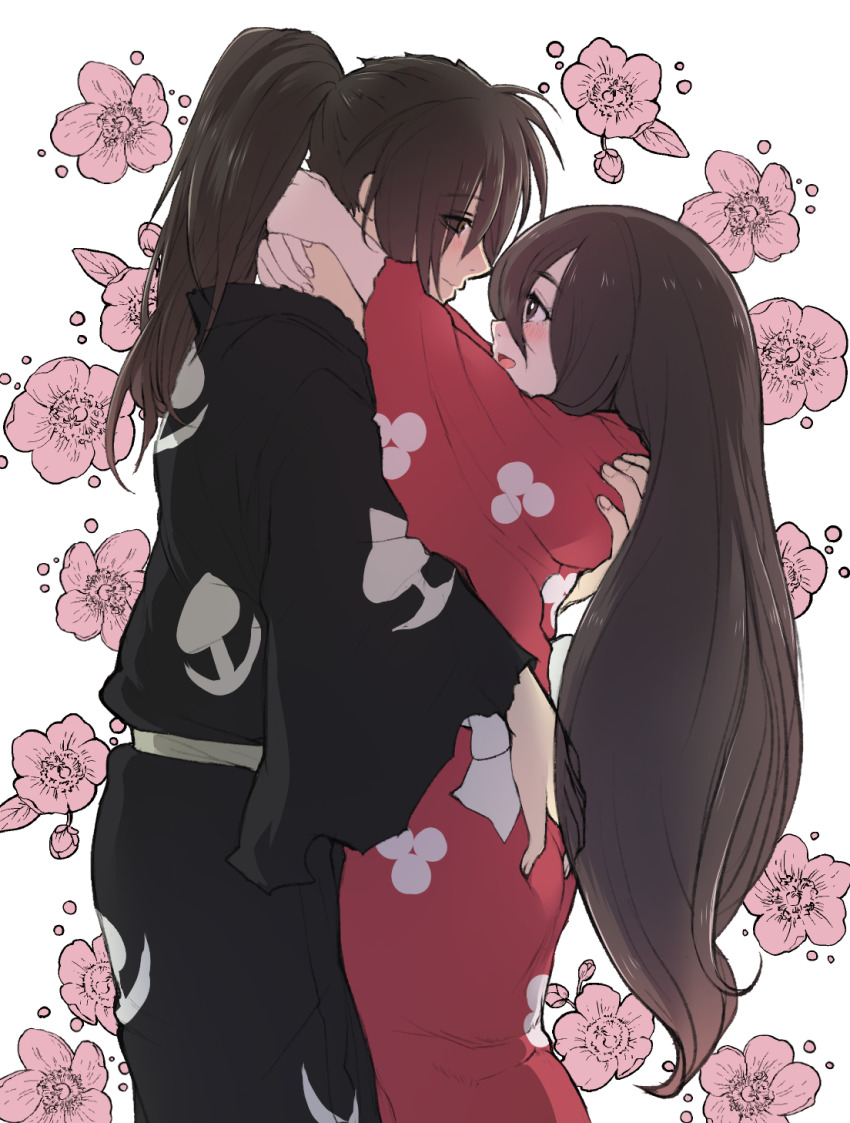 1boy 1girl ass black_hair black_kimono blush brown_eyes dororo_(tezuka) eye_contact flower hair_between_eyes hand_on_another&#039;s_ass hetero highres hug hyakkimaru_(dororo) japanese_clothes kimono long_hair looking_at_another mio_(dororo) ponytail red_kimono white_background wide_sleeves yamatomoti