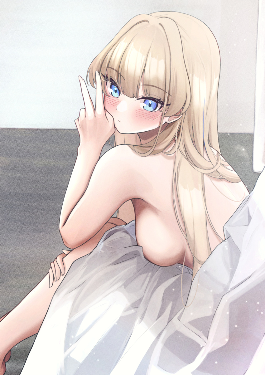 1girl absurdres bare_arms barefoot blonde_hair blue_archive blue_eyes blush breasts commentary highres long_hair looking_at_viewer looking_to_the_side medium_breasts mofu07519 no_halo sideboob sitting skirt solo straight_hair toki_(blue_archive) topless v very_long_hair white_skirt