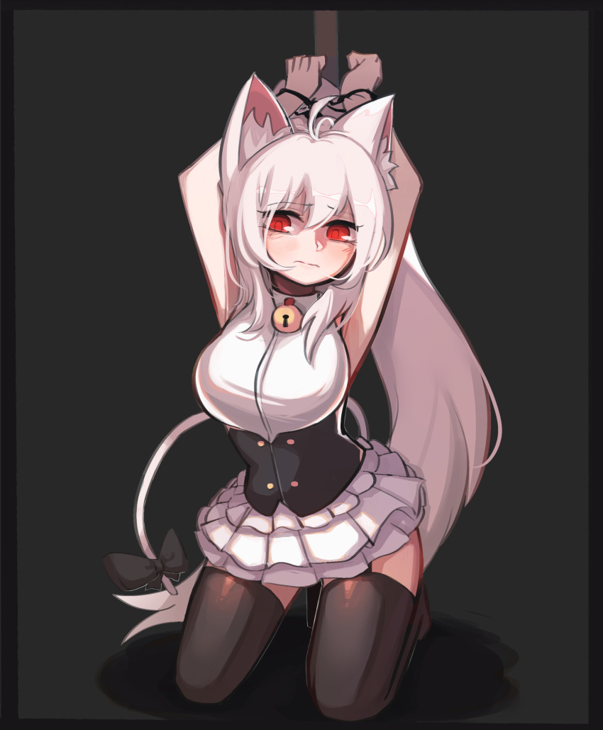 1girl animal_ears antenna_hair arm_above_head bell black_border black_bow black_corset black_thighhighs border bound bound_arms bow breasts cat_ears cat_girl cat_tail closed_mouth copyright_request corset dress frilled_dress frills grey_background highres hwaryeok jingle_bell large_breasts long_hair neck_bell red_eyes shirt sleeveless sleeveless_dress solo tail thighhighs very_long_hair white_dress white_shirt