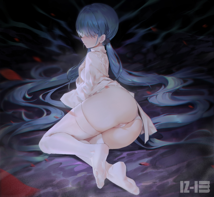 1girl absurdres ass bad_id bad_pixiv_id blue_hair dress hair_over_eyes highres long_hair low_twintails nicholas_f no_shoes original panties parted_lips solo thighhighs twintails underwear very_long_hair white_dress white_panties white_thighhighs