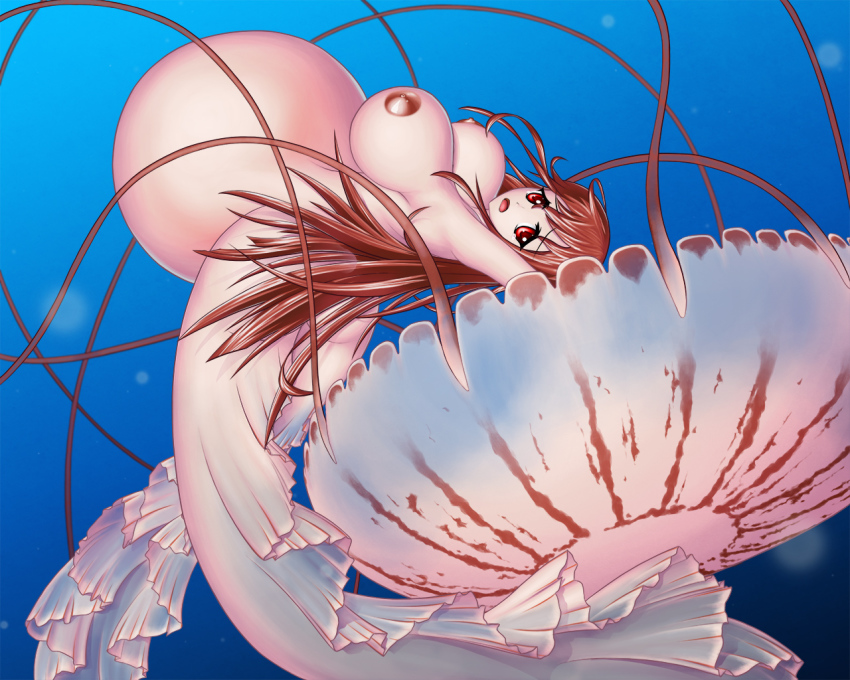 1girl breasts brown_hair huge_breasts isel jellyfish long_hair monster_girl nipples open_mouth pregnant red_eyes underwater