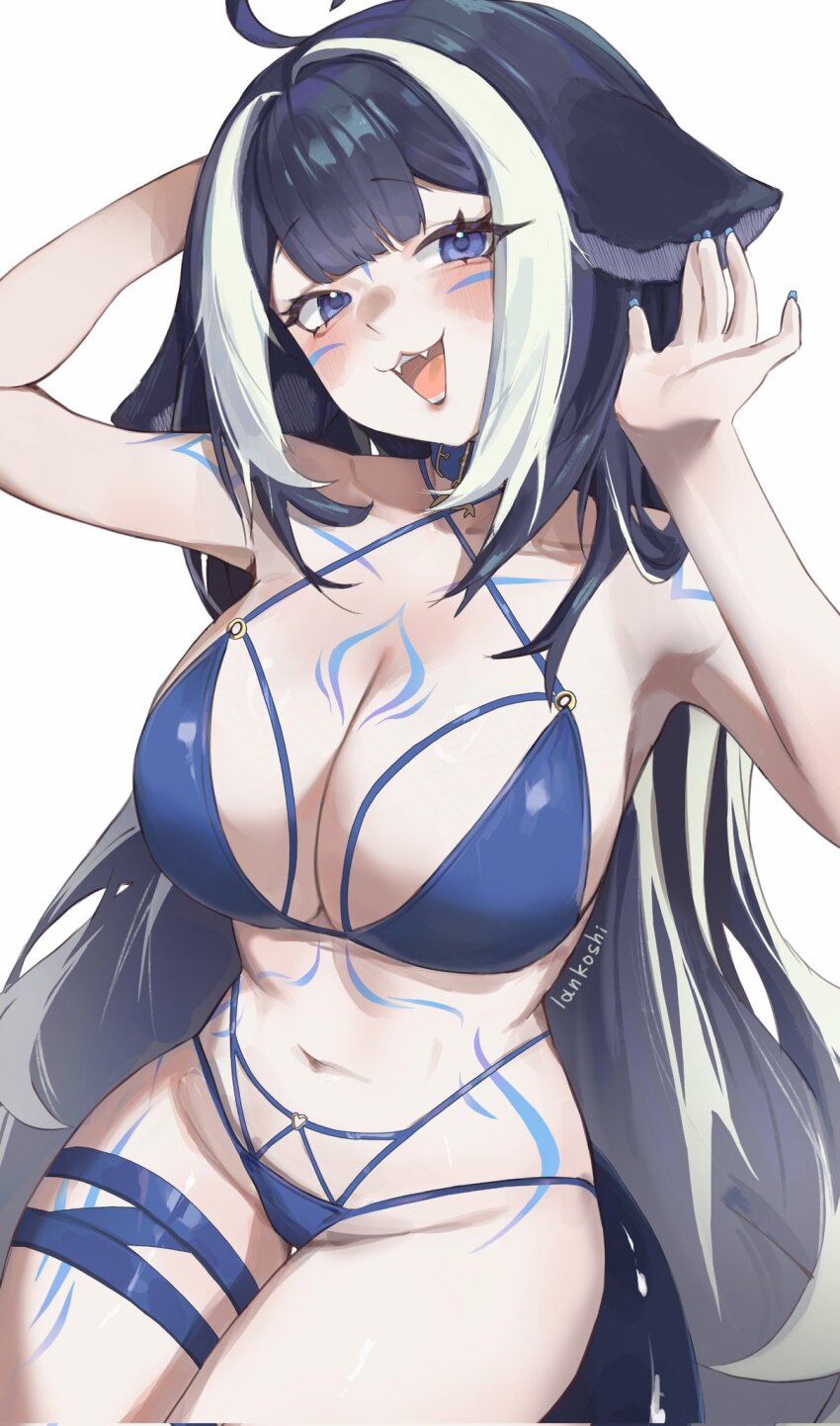 1girl bikini black_hair blue_bikini blue_collar blue_eyes body_markings breasts cetacean_tail collar facial_mark fins fish_tail highres indie_virtual_youtuber lankoshiii large_breasts multicolored_hair navel open_mouth orca_girl shylily shylily_(bikini) simple_background solo streaked_hair swimsuit tail virtual_youtuber white_background white_hair