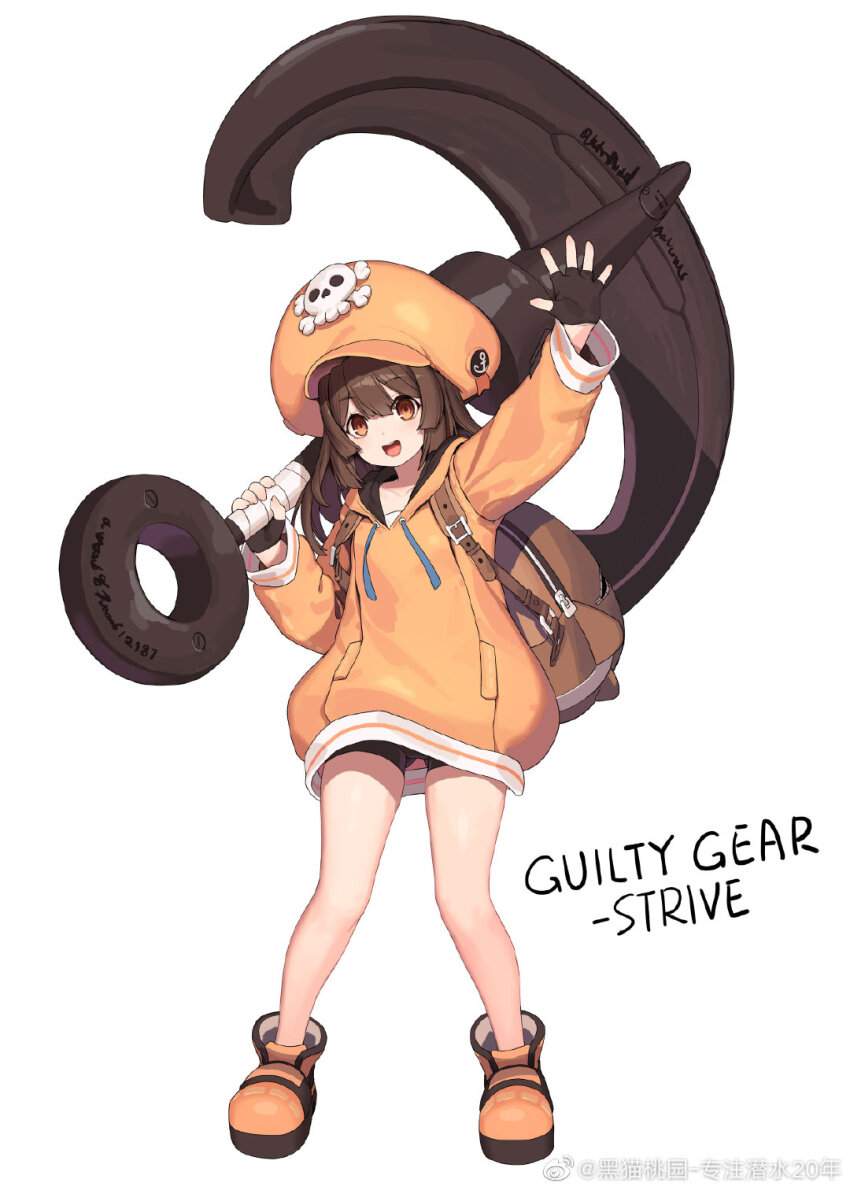 1girl anchor backpack bad_source bag bike_shorts black_shorts brown_hair fingernails full_body gluteal_fold guilty_gear guilty_gear_strive highres holding holding_anchor jacket kinjo_kuromomo large_hat long_hair may_(guilty_gear) orange_jacket oversized_clothes shorts smile solo waving