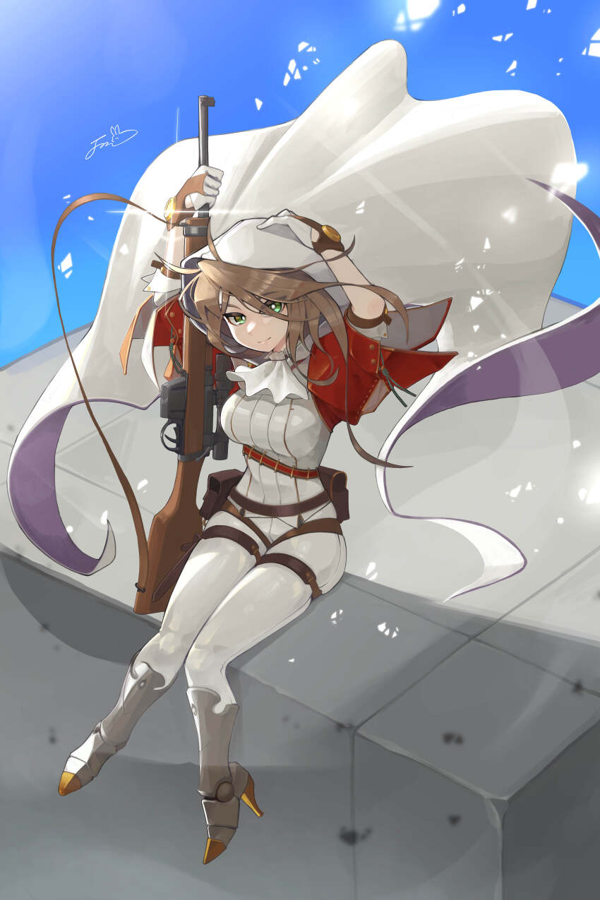 1girl absurdres armored_boots bolt_action boots breasts brown_hair cape closed_mouth dillo_(smootharmadillo) full_body girls&#039;_frontline gloves green_eyes gun high_heel_boots high_heels highres jacket lee-enfield lee-enfield_(girls&#039;_frontline) lee-enfield_(mod3)_(girls&#039;_frontline) looking_at_viewer pants red_jacket rifle signature sitting solo thigh_strap weapon white_cape white_gloves white_hood white_pants