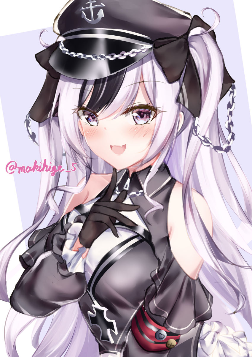 1girl absurdres armband artist_name azur_lane black_dress black_gloves black_hair black_headwear breasts clothing_cutout cross dress elbe_(azur_lane) fang frilled_dress frills gloves hat highres iron_cross looking_at_viewer makihige medium_breasts multicolored_hair peaked_cap purple_eyes red_armband shoulder_cutout simple_background skin_fang streaked_hair two-tone_hair upper_body white_hair