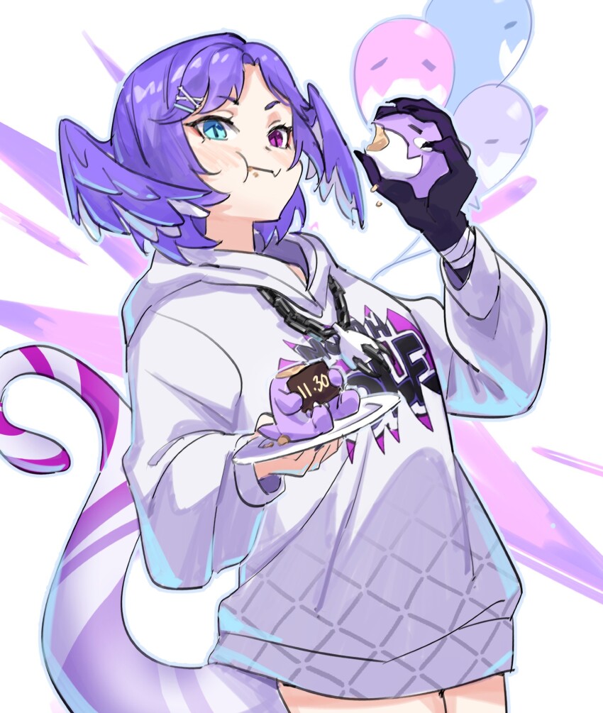 1girl :t asymmetrical_arms blue_eyes closed_mouth dragoon_(selen_tatsuki) eating food head_wings heterochromia highres holding holding_plate hood hood_down hoodie long_sleeves looking_at_viewer maplesights medium_hair nijisanji nijisanji_en plate purple_eyes purple_hair selen_tatsuki selen_tatsuki_(3rd_costume) slit_pupils solo tail virtual_youtuber white_background white_hoodie wings