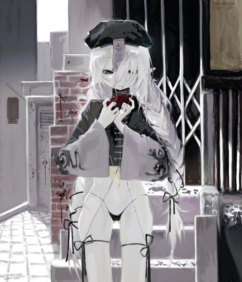 1girl bad_id bad_twitter_id black_eyes black_hat black_ribbon closed_mouth commission guigui_rongrong hair_between_eyes hands_up hat highres holding leg_ribbon long_hair long_sleeves navel ofuda ofuda_on_head original ribbon solo standing thigh_ribbon white_hair wide_sleeves