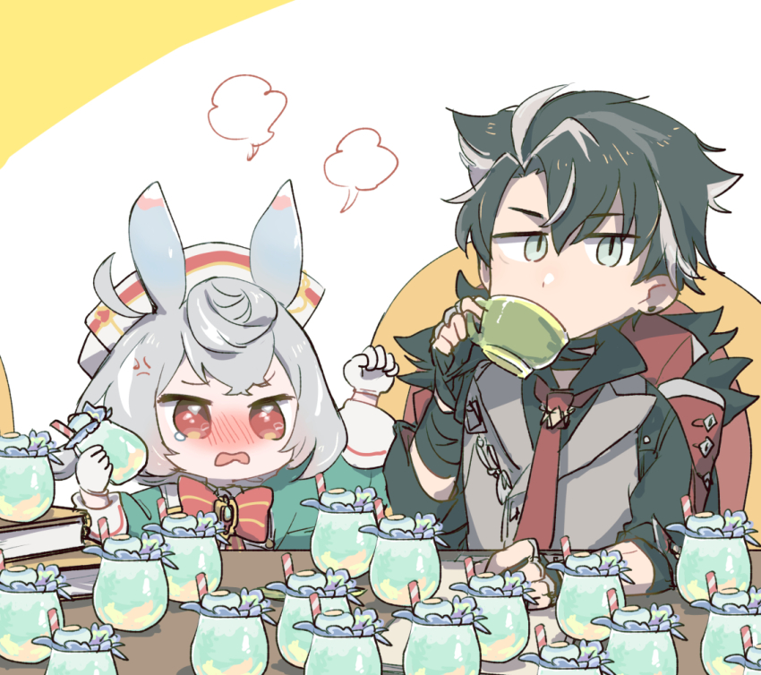 1boy 1girl puff_of_air anger_vein animal_ears black_hair blush bow bowtie chair chibi cup drinking ear_piercing genshin_impact gloves grey_hair hat holding holding_cup long_sleeves multicolored_hair necktie picotsuki piercing red_bow red_bowtie red_eyes red_necktie sigewinne_(genshin_impact) simple_background sitting tears upper_body white_gloves wriothesley_(genshin_impact)