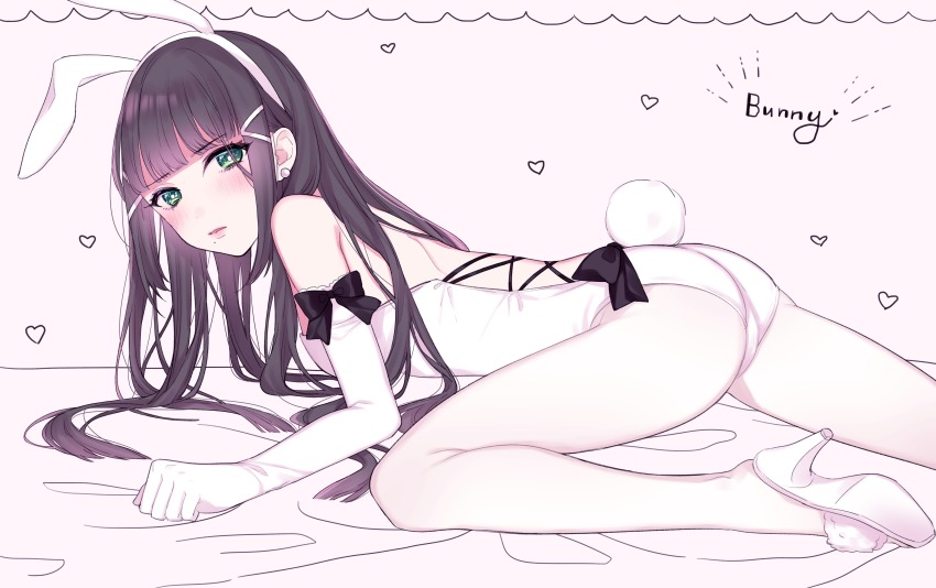 10s 1girl absurdres all_fours animal_ears ass bare_shoulders bed_sheet black_bow black_hair blunt_bangs blush bow breasts cross-laced_clothes earrings elbow_gloves english_text eyebrows eyelashes fake_animal_ears female_focus from_side gloves green_eyes hair_ribbon hairband heart high_heels highres jewelry kurosawa_dia leotard long_hair looking_at_viewer love_live! love_live!_sunshine!! makeup mole mole_under_mouth nerunnn on_bed pantyhose parted_lips playboy_bunny rabbit_ears rabbit_tail ribbon shoe_soles shoes small_breasts solo strapless strapless_leotard tail very_long_hair white_footwear white_gloves white_leotard white_pantyhose