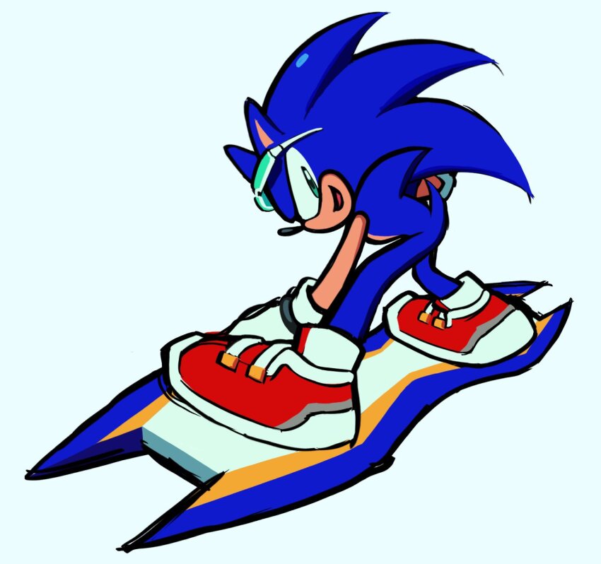 1boy animal_ears animal_nose blue_background commentary_request eyewear_on_head full_body furry furry_male gloves green_eyes highres hoverboard korean_commentary male_focus official_alternate_costume red_footwear rodka_sth shoes simple_background smile solo sonic_(series) sonic_riders sonic_riders_(series) sonic_the_hedgehog sonic_the_hedgehog_(riders) standing sunglasses tail white_gloves