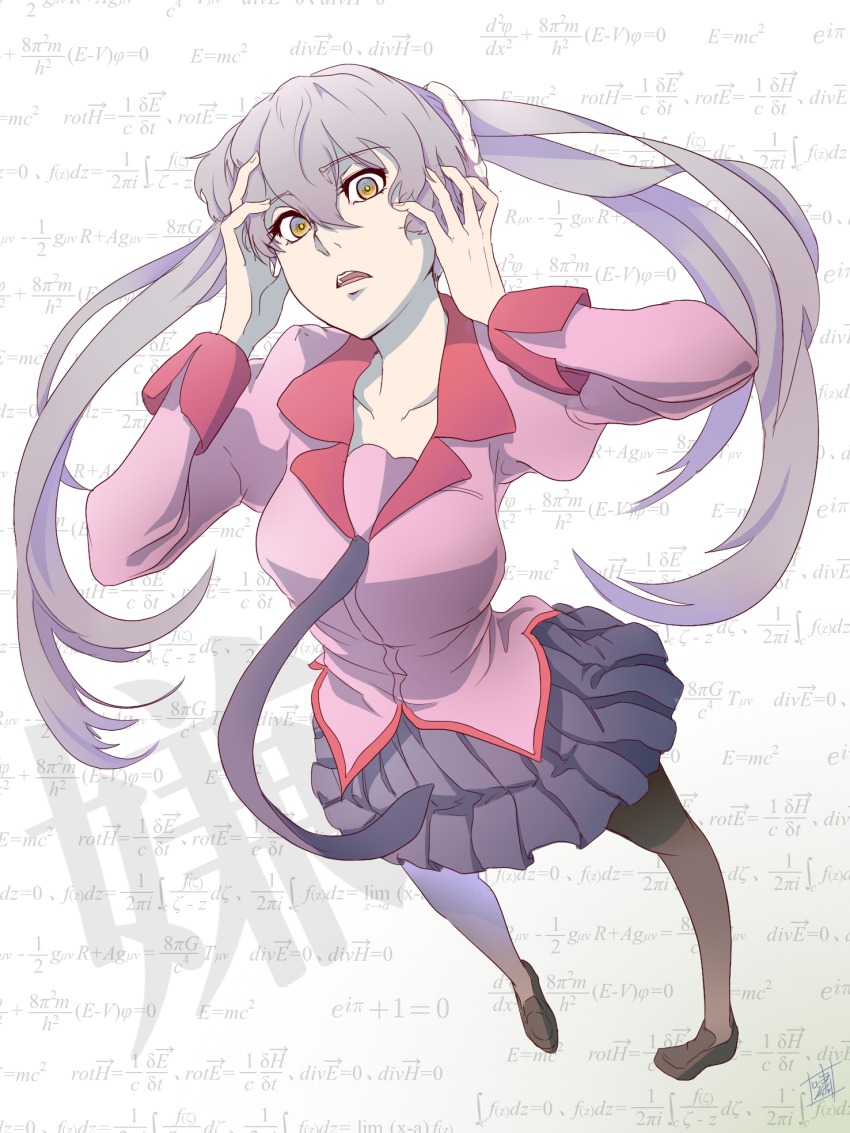 10s 1girl brown_eyes female_focus highres long_hair math monogatari_(series) oikura_sodachi owarimonogatari pantyhose school_uniform shao_(newton) silver_hair solo twintails