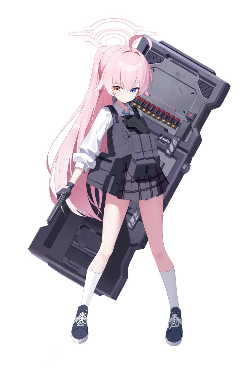 1girl absurdres ahoge ballistic_shield beretta_92 black_footwear black_gloves black_skirt blue_archive blue_eyes blue_necktie bulletproof_vest chcc331899 closed_mouth collared_shirt dual_wielding frown gloves gun hair_between_eyes hair_intakes halo handgun heterochromia high_ponytail highres holding holding_gun holding_weapon hoshino_(armed)_(blue_archive) hoshino_(blue_archive) huge_ahoge kneehighs long_hair looking_down necktie pink_hair plaid_clothes plaid_skirt ponytail shield shirt skirt sleeves_past_elbows socks solo standing tsurime very_long_hair weapon white_background white_halo white_shirt white_socks yellow_eyes