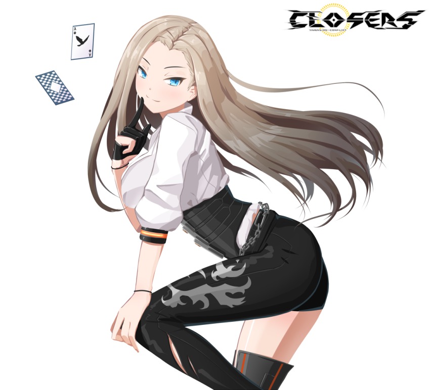 1girl armor ass asymmetrical_legwear black_gloves black_legwear blonde_hair blue_eyes blush breasts card chain closed_mouth closers copyright_name female_focus full_body gloves greaves half_gloves harpy_(closers) large_breasts long_hair looking_at_viewer parted_bangs shirt short_shorts shorts simple_background smile solo ssorasora uneven_legwear very_long_hair white_background white_shirt