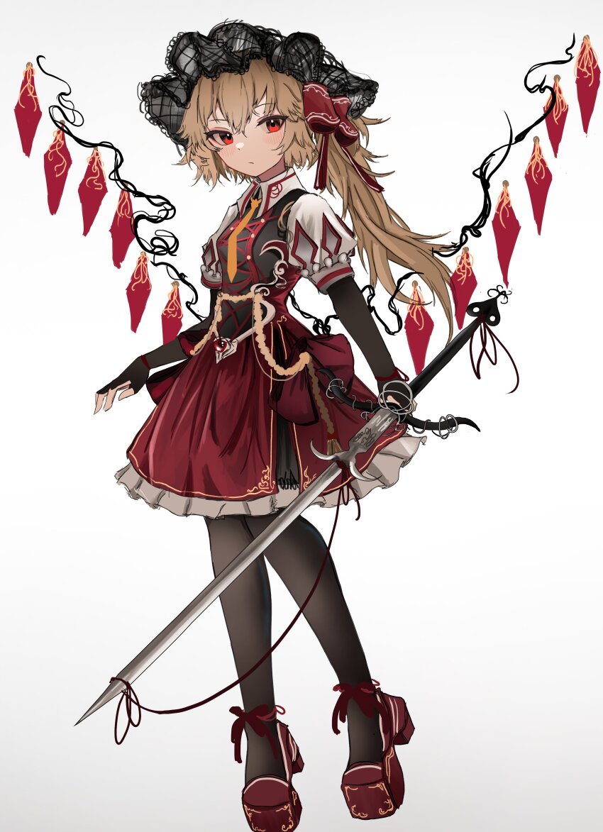 1girl absurdres adapted_costume black_gloves black_hat black_pantyhose blonde_hair blush closed_mouth commentary crystal dress elbow_gloves fingerless_gloves flandre_scarlet full_body gloves hair_between_eyes hat highres holding holding_sword holding_weapon long_hair mob_cap ougiikun pantyhose red_dress red_eyes red_footwear shoes short_sleeves simple_background solo sword touhou weapon white_background wings