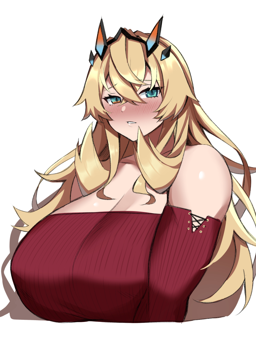 1girl absurdres bare_shoulders barghest_(fate) barghest_(like_a_lady)_(fate) blonde_hair blush breasts cleavage collarbone fairy_knight_gawain_(like_a_lady)_(fate) fate/grand_order fate_(series) green_eyes highres horns huge_breasts imuzi long_hair long_sleeves looking_at_viewer off-shoulder_sweater off_shoulder red_sweater solo sweater