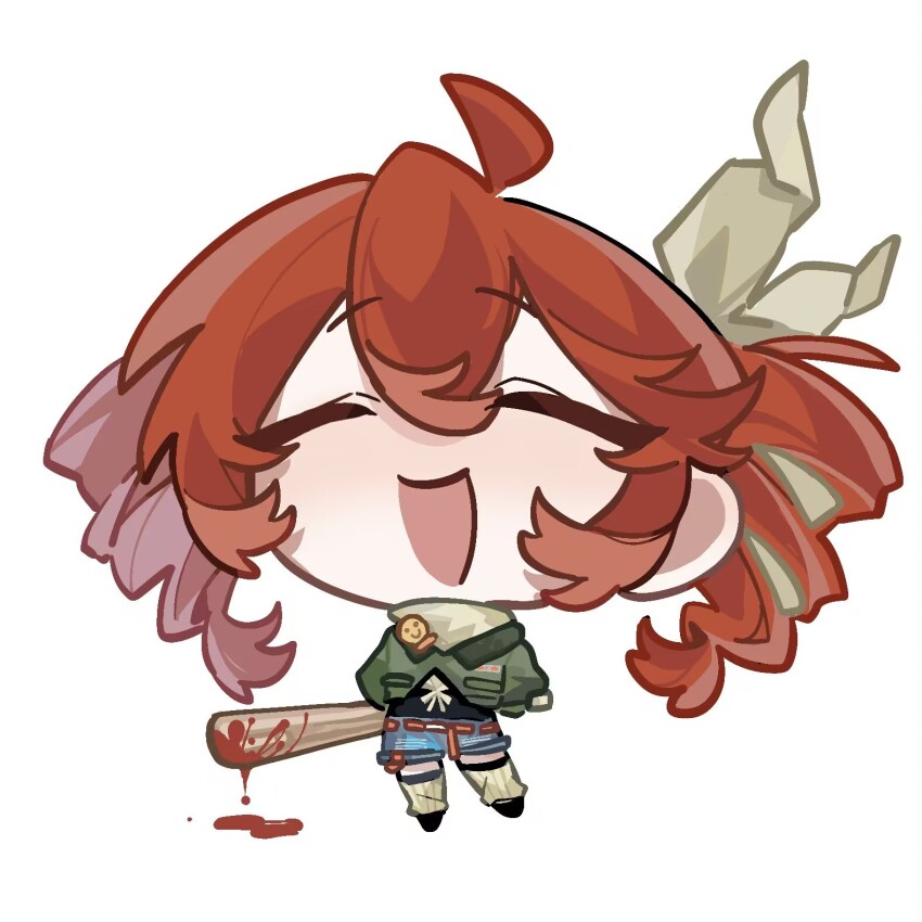 ahoge alternate_costume baseball_bat blood bloody_weapon bow chibi chibi_only closed_eyes denim denim_shorts double-parted_bangs drill_hair full_body green_jacket hair_between_eyes hair_bow hair_ribbon highres holding holding_baseball_bat jacket kasane_teto kasane_teto_(sv) kneehighs open_mouth red_hair ribbon shorts simple_background socks synthesizer_v twin_drills utau weapon white_background white_bow white_ribbon white_socks yjngshdsng69835