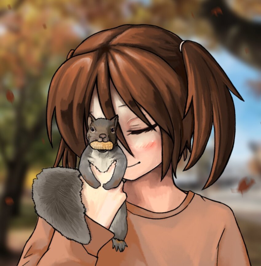 1girl animal autumn_leaves blurry blurry_background brown_hair commentary english_commentary hair_tie highres holding holding_animal long_sleeves one_eye_covered original peanut portrait smile solo squirrel twintails zoolpal